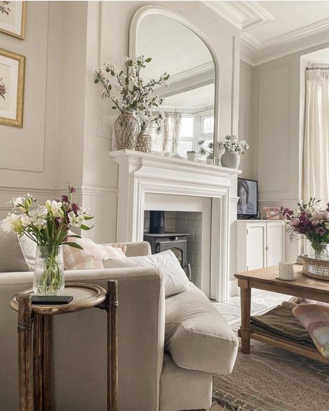 Pink And Cream Lounge, Period Home Living Room, Cream And Wooden Living Room, Period Decor Living Rooms, Beige Victorian Living Room, Cream Victorian Living Room, Town House Interior Living Room, Beige Living Room With Fireplace, Neutral Victorian Living Room