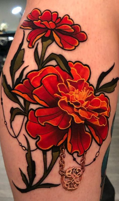 Marigold Neotraditional, Marigold And Cosmos Tattoo Design, Traditional Mexican Flower Tattoo, Orange And Black Tattoo, Neo Traditional Marigold Tattoo, Dark Color Flower Tattoo, Colorful Flower Tattoos For Women, Art Deco Poppy Tattoo, Black Skin Color Tattoo