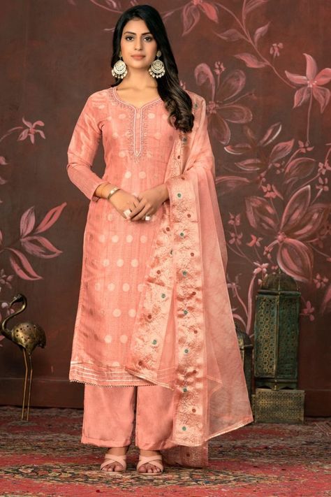 Peach Woven Hand Work Readymade Suit Peach Dupatta, Lehenga Style Saree, Salmon Peach, Designer Sarees Wedding, Purple Weave, Readymade Salwar Kameez, Cotton Salwar Kameez, Palazzo Suit, Lehenga Style