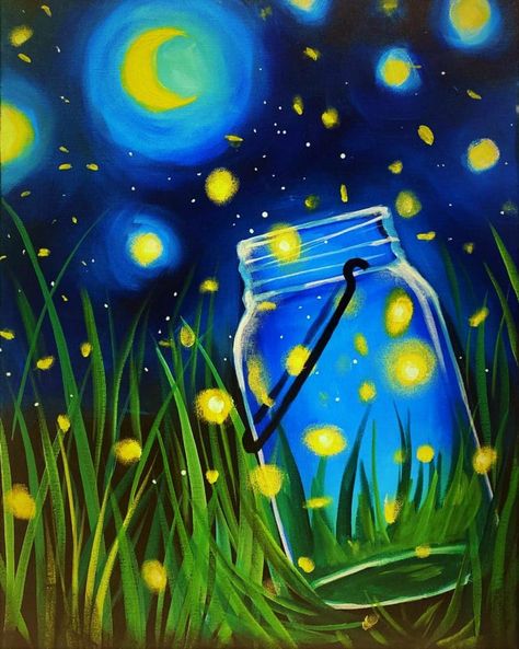 Paint And Sip Event, Firefly Drawing, Firefly Painting, Fireflies In A Jar, Firefly Art, Painting With A Twist, Whimsical Paintings, Kids Art Class, Welcome Summer