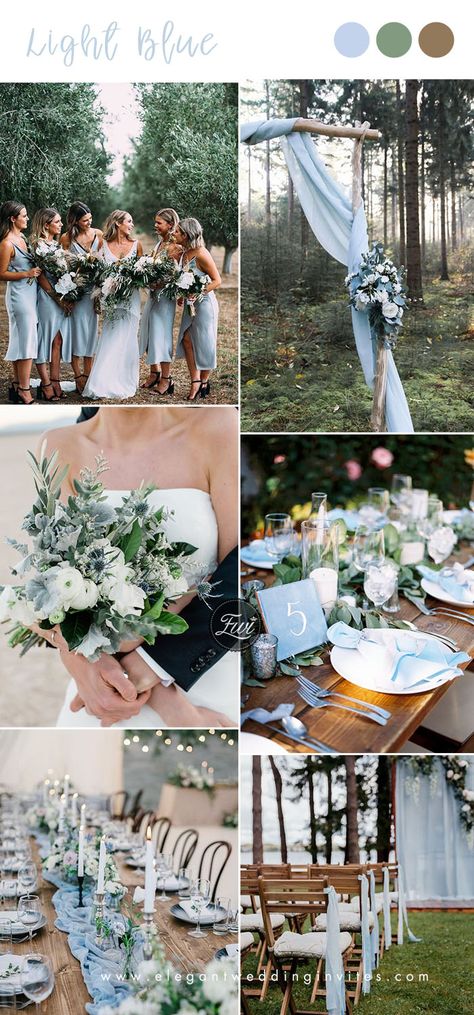 light blue and greenery rustic chic wedding colors Chic Wedding Colors, Light Blue Wedding Colors, Wedding Color Ideas, Light Blue Wedding, Blue Themed Wedding, Wedding Colors Blue, Rustic Blue, Wedding Palette, Dusty Blue Weddings