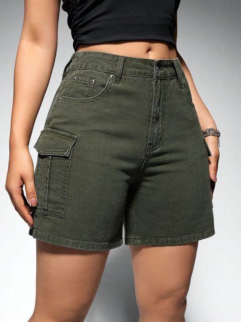 SHEIN EZwear Solid Color Cargo Style Denim ShortsI discovered amazing products on SHEIN.com, come check them out! Work From Home Clothes, Shopping List Clothes, Trendy Plus Size Fashion, Cargo Style, Shorts Jeans, Denim Shorts Women, Short En Jean, Colored Jeans, Denim Fashion