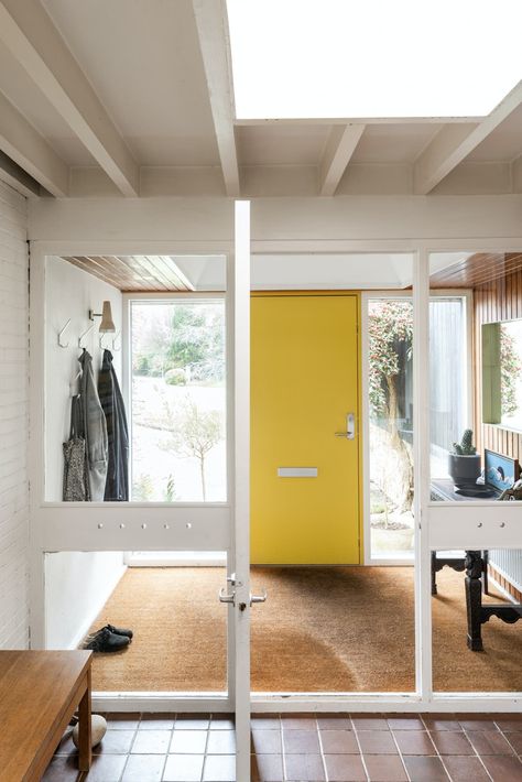 Yellow Door, Pine Walls, Midcentury Home, Yellow Doors, Wall Panelling, The Modern House, Front Door Design, Built In Desk, Updating House