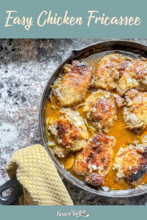 This Chicken Fricassee is so easy, you'll wonder why you haven't tried it before! Minimal prep, one-pot cooking, and a flavor explosion that will have your family asking for seconds. Perfect for busy weeknights when you want a delicious, impressive meal without the fuss. #ChickenFricassee #EasyRecipes #BusyMom #WeeknightDinners #FamilyMeals #HomeCooking #ComfortFood #FrenchCuisine Chicken Friccasie, Chicken Fricassee Recipe, Beer Braised Chicken, Buttery Rice, Chicken Fricassee, Braised Chicken Thighs, One Pot Cooking, Easy Main Dishes, Classic French Dishes