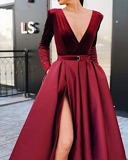 Party Make-up, Split Prom Dresses, Prom Dresses With Pockets, Maxi Dress Outfit, Satin Evening Dresses, Burgundy Prom Dress, Long Sleeve Evening Dresses, Black Prom Dress, Satin Prom Dress