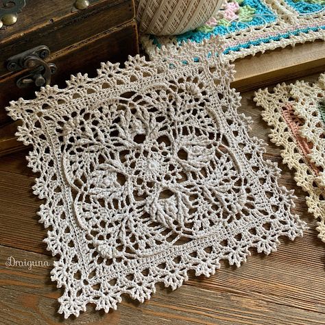 Draiguna Crochet Patterns, Sylvanweave Square, Draiguna Crochet, Square Doily, Julia Hart, Virkning Diagram, Crocheted Doilies, Crochet Lace Pattern, Crochet Blocks