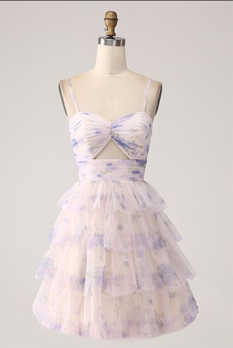 Lavender Flower A Line Spaghetti Straps Tiered Pleated Short Homecoming Dress Homecoming Dresses Flowy Floral, Medium Length Hoco Dress, Tiered Ruffle Dress Short, Cottagecore Homecoming Dress, Tangled Themed Hoco Dress, Tiered Short Dress, Homecoming Dresses Medium Length, Coquette Homecoming Dress, Ruffle Hoco Dress