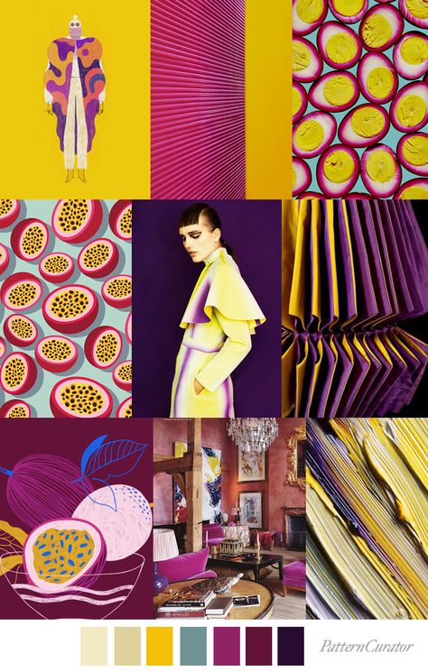 PASSION FRUIT by Pattern Curator (SS20) Fruit Palette Color, Color Story Board Fashion, Fierce Color Palette, Passion Fruit Color Palette, Passionate Color Palette, Passion Color Palette, Colour Mood Boards, Fashion Moodboard Inspiration, Fruit Color Palette