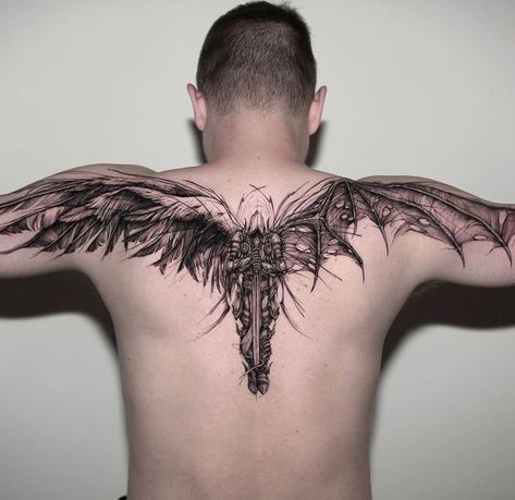 Back Tattoos For Guys Upper, Dark Angel Tattoo, Tattoo Wings, Wing Tattoos On Back, Wing Tattoo Men, Ram Tattoo, Archangel Tattoo, Upper Back Tattoos, Back Piece Tattoo