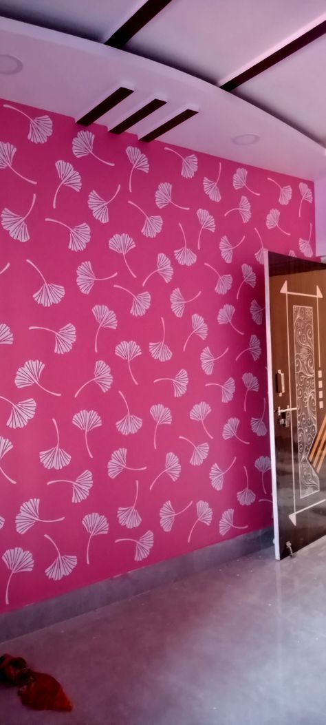 Pink Stencil Wall, Pink Wall Stencil Ideas, Indian Bedroom Wall Colour Ideas, Wall Paint Designs For Hall, Bedrooms For Teens, Bedroom Asthetics, Bedroom Vanity Ideas, Asian Paints Wall Designs, Vanity Ideas Bedroom