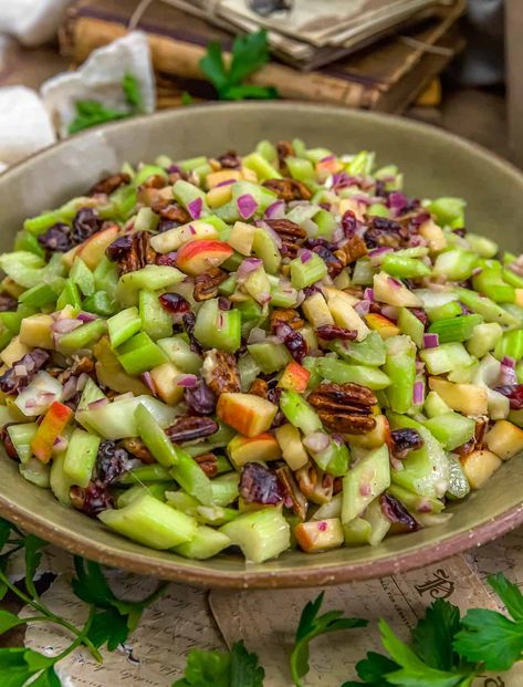 Harvest Celery Apple Salad - Monkey and Me Kitchen Adventures Celery Apple Salad, Costco Grain And Celery Salad, Apple Celery Salad, Wfpbno Recipes, Plant Based Salads, Monkey And Me Kitchen Adventures, Salads Vegan, Cilantro Salad, Lemon Chicken Piccata