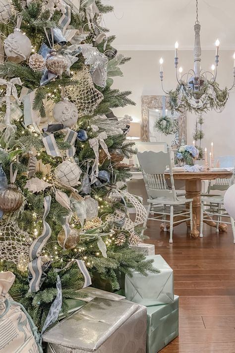 Christmas Cottage Home Tour - Live Oak Nest, French Cottage Farmhouse French Country Christmas Tree, Pretty Ornaments, Caribbean Christmas, Diy Cottage, Christmas Foyer, Pretty Christmas Ornaments, Blue Christmas Tree Decorations, French Country Christmas, Farm Christmas