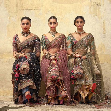 Sabyasachi Mukherjee on Instagram: “Tulle Badla sarees with embroidered borders and patchwork blouses.  Jewellery Courtesy: Sabyasachi heritage jewellery @sabyasachijewelry…” Sabyasachi Sarees, Bridal Clothing, Indian Fashion Saree, Indian Dresses Traditional, Traditional Indian Outfits, Indian Bridal Dress, Indian Bridal Outfits, Saree Trends, Dress Indian Style