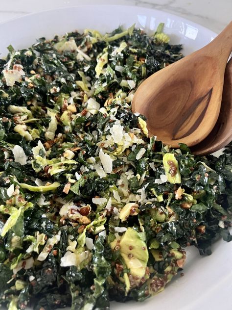 Crunchy Kale Salad Recipe with Almond Vinaigrette | Pamela Salzman Spinach Almond Salad, Curly Kale Salad, Pamela Salzman Recipes, Vinaigrette Salad Recipes, Cabbage Kale Salad, Kale Dressing, Crunchy Kale Salad, Entree Salads, Crunchy Kale