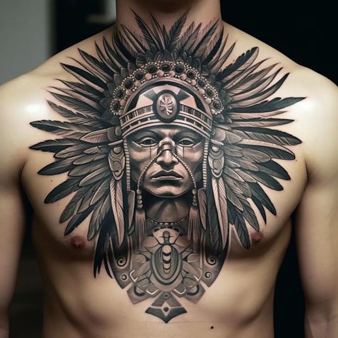 Tribal Tattoo Indian Chest Tattoo, Apache Tattoo, Aztec Warrior Tattoo, Indian Tattoo Design, Mayan Tattoos, Aztec Tattoos, Aztec Tattoo Designs, Native Tattoos, Back Of Neck Tattoo