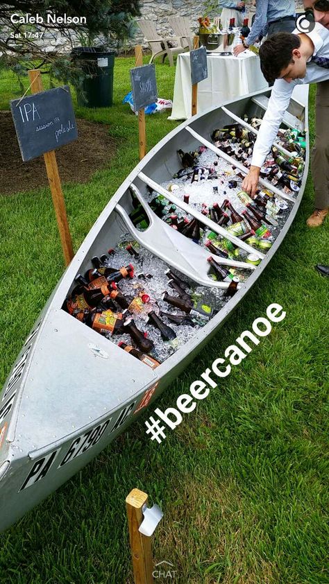 Beer Canoe, Canoe Wedding, Wedding Drink Station, Campground Wedding, Lake House Wedding, Types Of Beer, Beer Wedding, Wedding Appetizers, Yard Wedding