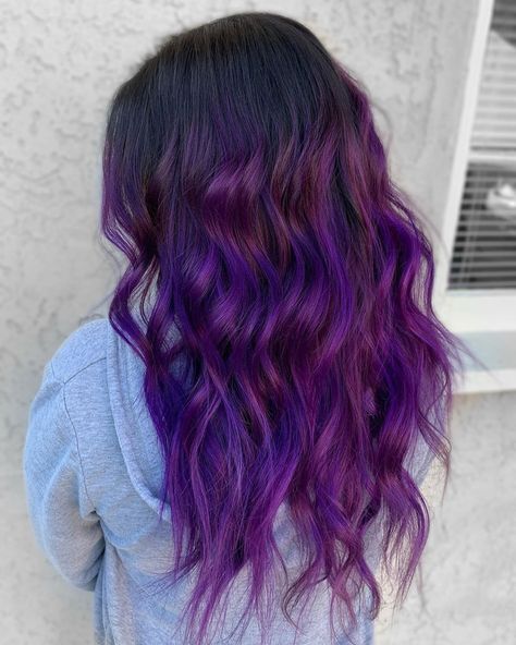 Purple Balayage for Black Hair Violet Purple Hair, Purple Natural Hair, Purple Hair Streaks, Purple Blonde Hair, Red Purple Hair, Bright Purple Hair, Purple Brown Hair, Purple Grey Hair, Purple Hair Highlights