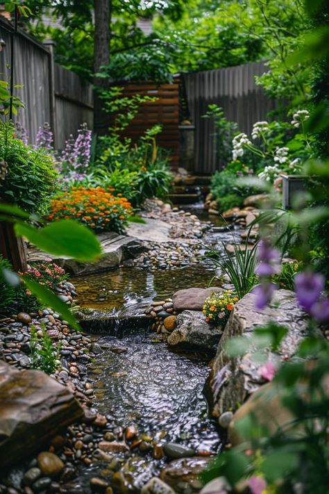 Small Garden Stream Ideas for Your Backyard Haven Creek Garden Ideas, Backyard Creek Ideas, Fairy Tale Garden Ideas, Garden Stream Ideas, Backyard Streams, Backyard Creek, Ponds Ideas, Backyard Pond Ideas, Backyard Stream