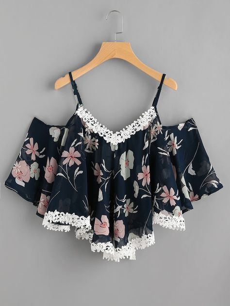 Contrast Crochet Appliques Trim Florals Chiffon Top | SHEIN Fashion Tops Blouse, Trendy Fashion Tops, Crop Top Outfits, Girls Fashion Clothes, Teenage Fashion Outfits, Mode Inspiration, Mode Style, Teen Fashion Outfits, Mode Outfits