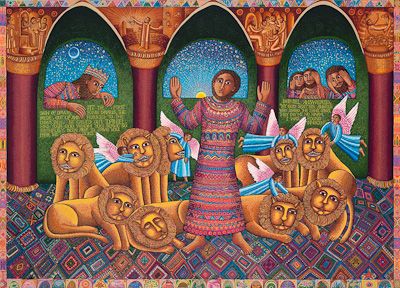 "Daniel", a serigraph by John August Swanson for sale from Eyekons Gallery God Restores, Hebrew Scriptures, Biblical Characters, Biblical Images, Bible Maps, Following God, Daniel And The Lions, Book Of Daniel, Lion's Den