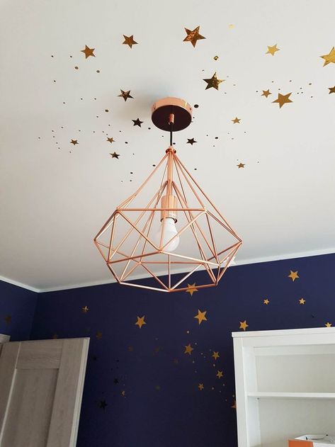 Star Wallpaper Home, Star Theme Bedroom, Star Themed Bedroom Aesthetic, Starry Bedroom Aesthetic, Blue Walls Nursery, Celestial Nursery Girl, Star Bedroom Ideas, Blue Wall Room Ideas Bedrooms, Star Ceiling Bedroom