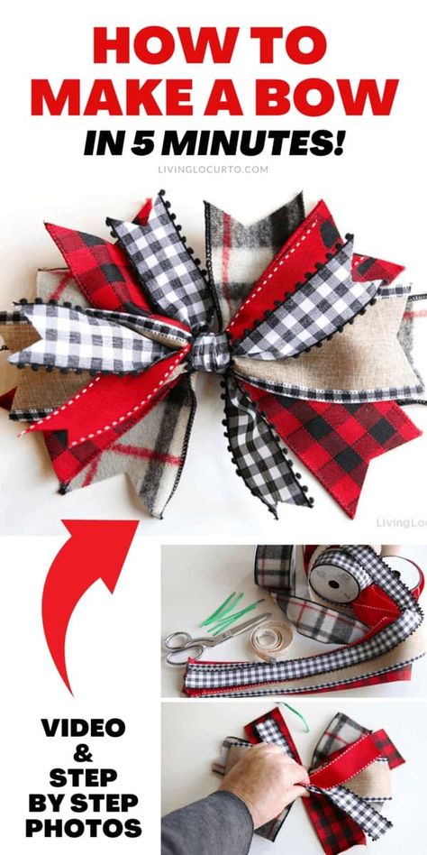 Easy 5-minute messy bow tutorial. Learn how to make a bow out of ribbon for a wreath, centerpiece, door sign or gift. Easy homemade ribbon bow. Diy Christmas Ribbon Wreath, Bow Out Of Ribbon, Ribbon Bow Tutorial, Bow Making Tutorials, Diy Wreath Bow, Cork Crafts Christmas, Wreath Centerpiece, Buffalo Plaid Christmas Decor, Christmas Bows Diy