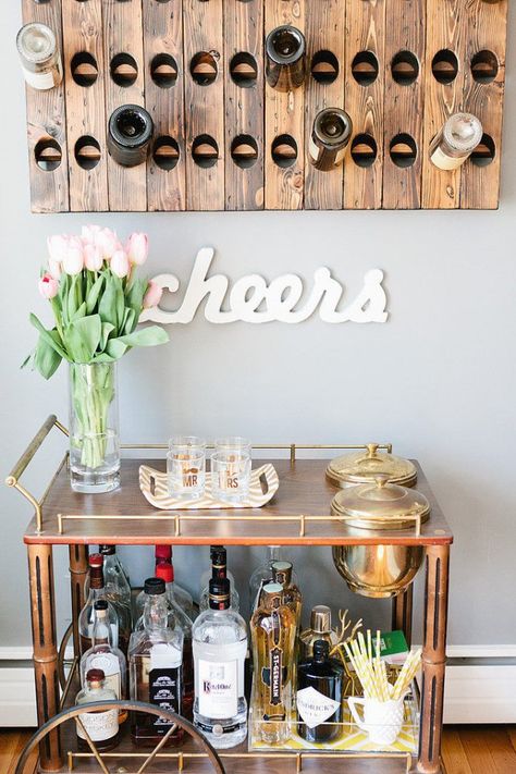 Photo by Erin McGinn Photography via Style Me Pretty Cart Bar, Gold Bar Cart, Bar Cart Styling, Smitten Kitchen, Bar Cart Decor, Diy Wine Rack, Bar Set Up, Tiny Spaces, Diy Wine