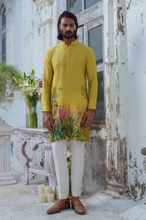 Buy Green Cotton Blend Hand Paint Spring Blossom Kurta With Trouser For Men by Amrit Dawani Online at Aza Fashions. Trouser For Men, Trouser Pattern, Luxury Sale, Hand Paint, Spring Blossom, Mens Fashion Summer, Full Sleeves, Modern Bride, Green Cotton