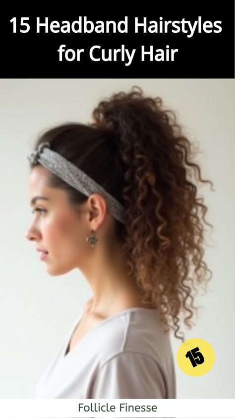 Headband Hairstyles for Curly Hair,Woman with curly hair in a high ponytail with a headband wrapped around the base Vampire Hair, Grey Bob Hairstyles, 90’s Hairstyles, Ponytail Wrap, Stylish Headbands, Curly Ponytail, High Ponytail, Rosie The Riveter, Hairstyles For Curly Hair