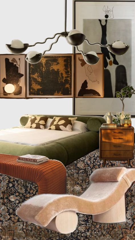 Organic Art Deco Interior, Contemporary Eclectic Bedroom, Eclectic Hotel Room, Miami Art Deco Interior Bedroom, Art Deco Florida, 70s Hotel Aesthetic, Moody Mid Century Modern Bedroom, Bedroom Editorial, Mid Century Modern Mood Board