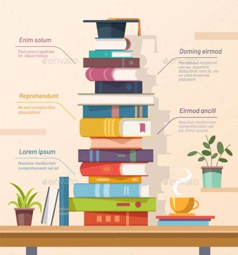 Books and Graduation Cap Education Infographics by cookamoto | GraphicRiver Library Infographic, Visualising Data, Coffee On Table, Table Book Design, Coffee Table Book Design, Library Poster, Book Infographic, Study University, Education Infographics