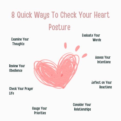 Here are eight quick ways to check your heart posture as a Christian woman: 📌Examine Your Thoughts: Are your thoughts aligned with God’s Word? Reflect on what dominates your mind daily. Are you dwelling on worries, resentment, or envy, or are you focusing on gratitude, love, and trust in God? 📌Evaluate Your Words: Your words often reflect the state of your heart. Are you speaking life and encouragement, or do you find yourself complaining, gossiping, or speaking negatively? 📌Assess Your Inte... Heart Posture, Bible Journal Notes, Trust In God, Hobonichi Planner, Christian Journaling, Get Closer To God, Godly Relationship, Spiritual Transformation, Christian Bible Study