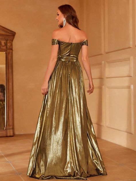 Off Shoulder Split Thigh Formal Dress | SHEIN USA Gold Evening Gown, Off Shoulder Evening Gown, Prom Evening Dresses, Wedding Dresses For Kids, Skirt Draping, Wedding Dress Sequin, Sequin Decor, Floor Length Skirt, Shein Style