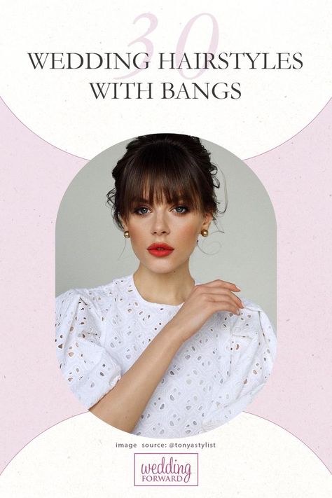 We don’t see wedding hairstyles with bangs very often. Choose a fringe hairstyle to make your face look a bit sweeter and younger. #wedding #bride #weddingforward #weddinghairstyles #WeddingHairstylesWithBangs Up Do With Fringe, Updo With Bangs Wedding, Wedding Hairstyles Bangs, Bride Hairstyles With Bangs, Elegant Hairstyles With Bangs, Bridal Hair With Bangs, Wedding Hairstyles With Bangs, Full Fringe Hairstyles, Fringe Hairstyle