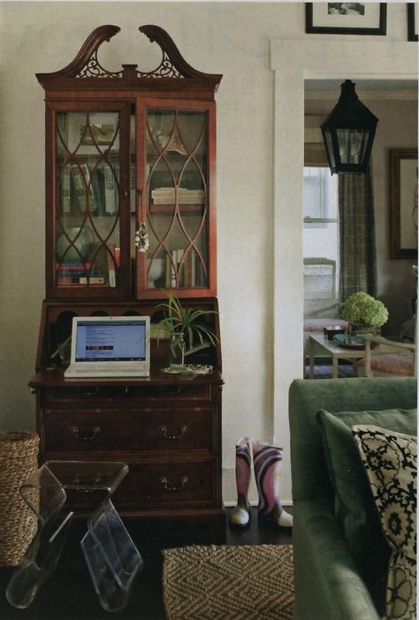 Traditional meets modern with the antique secretary paired with the lucite stool.  Love it!  Steele lined the inside of the secretary with a cream wallpaper to lighten it up. Brilliant! Secretary Desk Next To Fireplace, Antique Secretary Desk In Living Room, Secretary Desk Living Room, Vintage Secretary Desk Office, Antique Secretary Desk Styling, Dining Room With Desk, Secretary Desk Styling, Secretary Desk In Living Room, Desk In Dining Room Ideas