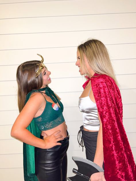 Thor And Loki Halloween Costumes Female, Loki And Thor Costumes Women, Thor Halloween Costume Women, Loki And Thor Costumes, Superhero Duo Costumes, Thor And Loki Costumes Female, Loki Halloween Costume Women, Female Thor Costume, Thor Halloween Costume