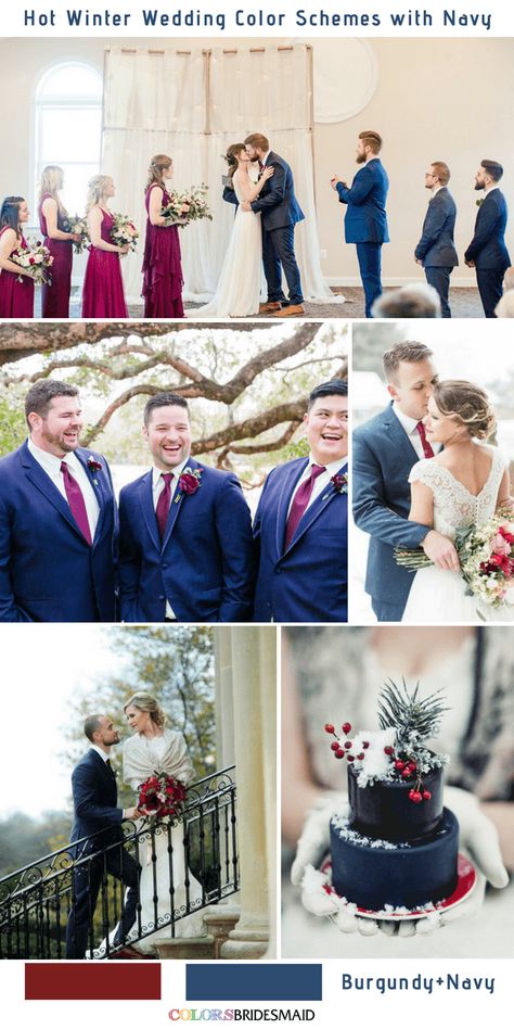 9 Gorgeous Navy Blue Winter Wedding Color Palettes - Navy Blue and Burgundy Navy Blue Winter Wedding, 3 Piece Wedding Suit, Ice Blue Weddings, Ice Blue Bridesmaid Dress, Winter Wedding Color Palette, Blue Winter Wedding, Winter Wedding Planning, Wedding Color Palettes, Wedding Color Combinations