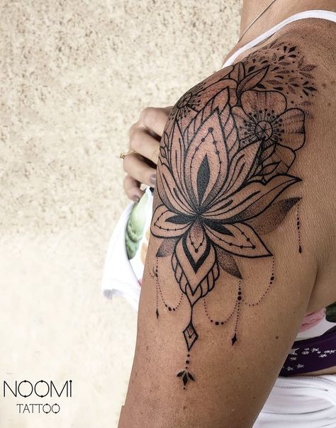 Lotus Sleeve Tattoos For Women, Shoulder Tattoo Lotus, Shoulder Tattoos Mandala, Lotus Tattoo Sleeve For Women, Shoulder Henna Tattoos For Women, Words Cover Up Tattoo, Lotus Tattoo On Shoulder, Ball Of Shoulder Tattoo For Women, Womans Shoulder Tattoo