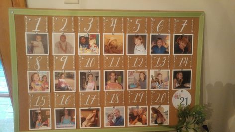 Cork board with yearly pictures - on display at my daughter's 21st birthday party 18th Birthday Photo Display Ideas, 21st Birthday Photo Wall, 21 Birthday Party Decorations Diy, 21st Photo Board Ideas, Photo Poster Board, Birthday Photo Displays, 21st Birthday Pictures, 21 Birthday Party Decorations, 21st Ideas