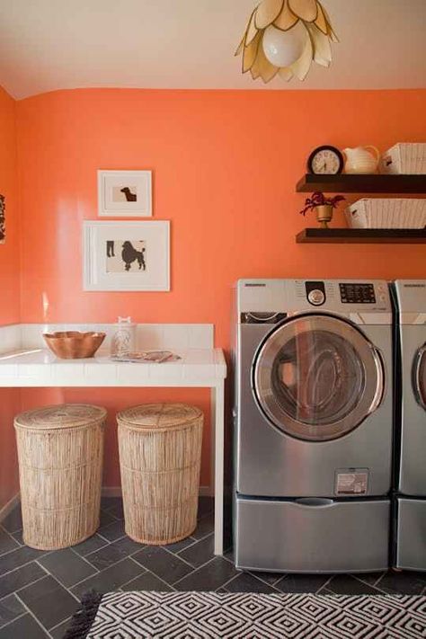 colorful laundry room Laundry Room Colors, Laundry Space, Orange Walls, Laundry Mud Room, Laundry Room Design, Varanasi, Cleaning Organizing, Wall Color, Household Hacks