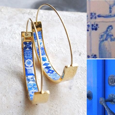 Hoops Earrings Atrio Tile Flat Bottom Portugal Stainless Steel | Etsy Portuguese Azulejos, Gold Bad, Portuguese Tiles, Buried Treasure, Blue Tiles, Hoops Earrings, Gold Wash, Hand Shapes, Sachets