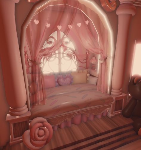 Pink Coquette Bloxburg House, Royale High Dorm Bed Ideas, Royale High Desk Ideas, Kuromi Decal Codes, Dorm Inspo Royale High, Royale High Bedroom Ideas, Royal High Dorm Layout, Royal High Room Ideas, Rh Dorm Ideas Campus 3