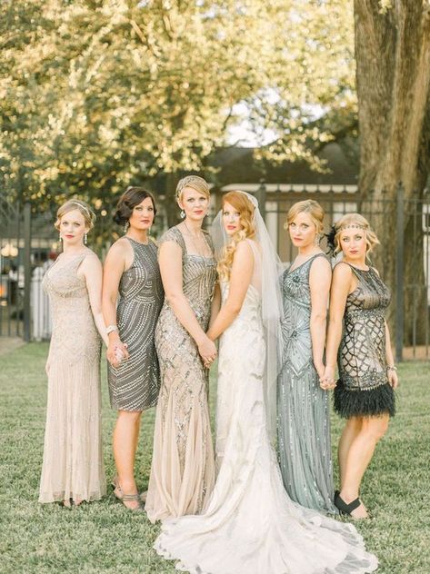 1920s Bridesmaid Dresses | SouthBound Bride Peaky Blinder Wedding Dress, 1920s Bridesmaid Dresses, Speakeasy Theme, Art Deco Bridesmaids, Gatsby Wedding Dress, Roaring 20s Wedding, 20s Wedding, Gatsby Wedding Theme, Neutral Bridesmaid Dresses