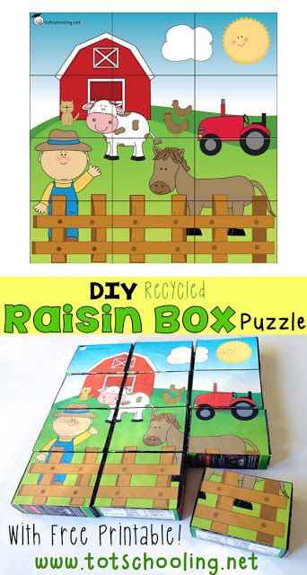 DIY recycled farm puzzle for Earth Day made out of raisin boxes. Includes free printable puzzle. Animal Puzzle Printable, Farm Puzzle, April Preschool, Preschool Farm, Farm Animals Preschool, Puzzle Printable, Preschool Activities At Home, Farm Theme Preschool, Free Printable Puzzles