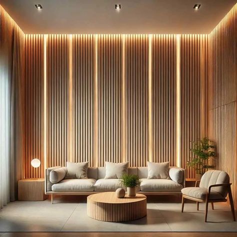 18 Natural Wood Slat Wall Accents That Elevate Your Living Room Slated Wall Accent, Wood Strips On Walls, Wooden Fluted Panel, Slat Wall With Shelves, Wood Wall Interior, Wall Slats Decor, Slatted Walls, Slat Walls, Slat Wall Panel