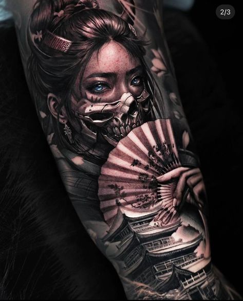 Japanese Tattoo Art Realism, Realistic Shoulder Tattoo Men, Geisha Arm Tattoo, Geisha Hannya Tattoo, Tattoo Realis, Oni Samurai Tattoo, Samurai Art Tattoo, Black Japanese Tattoo, Japanese Realism Tattoo