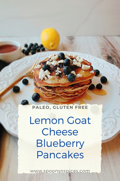 These paleo and grain free pancakes are light and fluffy. The lemon flavor isn't overpowering and the pancakes are topped with the goat cheese. #paleo #paleopancakes #goatcheese #lemonblueberry #grainfreepancakes Blueberry Lemon Goat Cheese Recipes, Lemon Blueberry Goat Cheese Pancakes, Goat Cheese Pancakes, Lemon Goat Cheese, Healthy Breakfast Baking, Blueberry Goat Cheese, Grain Free Pancakes, Lemon Blueberry Pancakes, Breakfast Baking