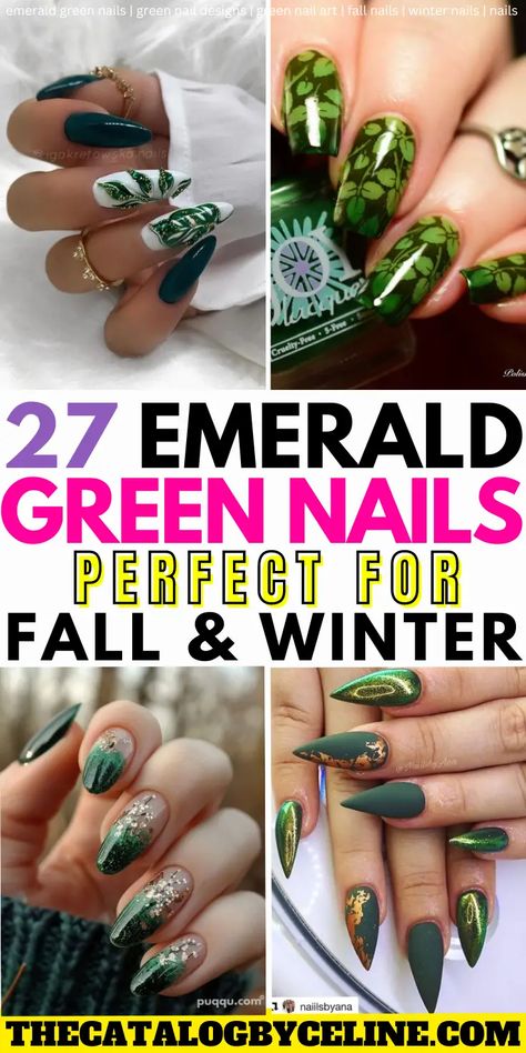 27 Gorgeous Emerald Green Nails for Fall & Winter - The Catalog Fall Nails Ideas Autumn Green, Green Nails For Fall, Nails Emerald, Spiderweb Nails, Spooky Nail Art, Emerald Green Nails, Plaid Nail Designs, Gold Accent Nail, Spooky Nail