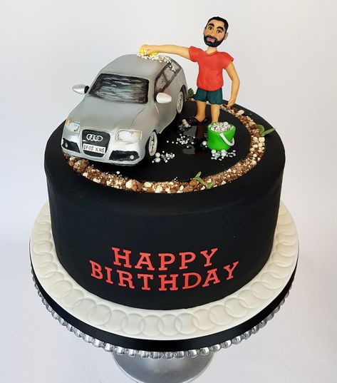 A cake for a man who loves his car and spends many a weekend hour cleaning it. The car is sculpted from rice Krispies treats and modelling chocolate, he is made from modelling paste. All on top of a chocolate cake with whipped chocolate ganache and chocolate Swiss meringue buttercream. Audi cake ideas | man's birthday cake ideas | car cake | chocolate | sugar figure |cake topper |Bracknell cake maker | Sweet Mischief Cakes Cake Ideas For Men, Car Cakes For Men, Mark Birthday, Cars Cake Design, Cars Theme Cake, Cake Design For Men, Car Cakes, Figure Cake, Cars Birthday Cake