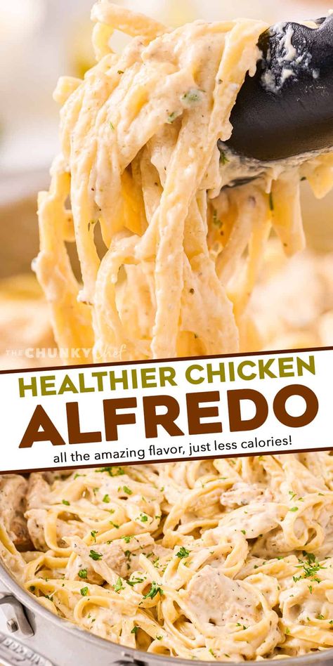 Chicken Alfredo is a classic Italian-American dish that is the ultimate epitome of comfort food. This lightened up version lowers the overall calories and fat, while still keeping all the amazing creamy flavors you crave! #alfredo #chicken #pasta #healthy Fast Chicken Alfredo Recipe, Lazy Chicken Alfredo, Chicken Alfredo Pasta Healthy Greek Yogurt, Healthy Alfredo Pasta Recipes Low Carb, Low Cal Chicken Alfredo, Low Calorie Chicken Alfredo Recipe, Keto Chicken Fettuccine Alfredo, Healthy Chicken Fettuccine Alfredo, Low Calorie Chicken Spaghetti